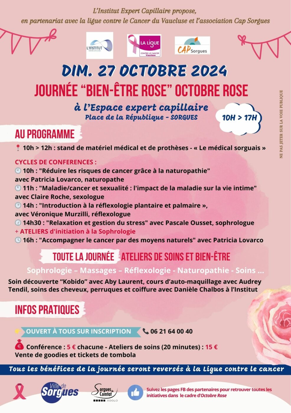 Octobre Rose 2024, Sorgues, Vaucluse, animations, ateliers bien être, conférence, goodies, tombola