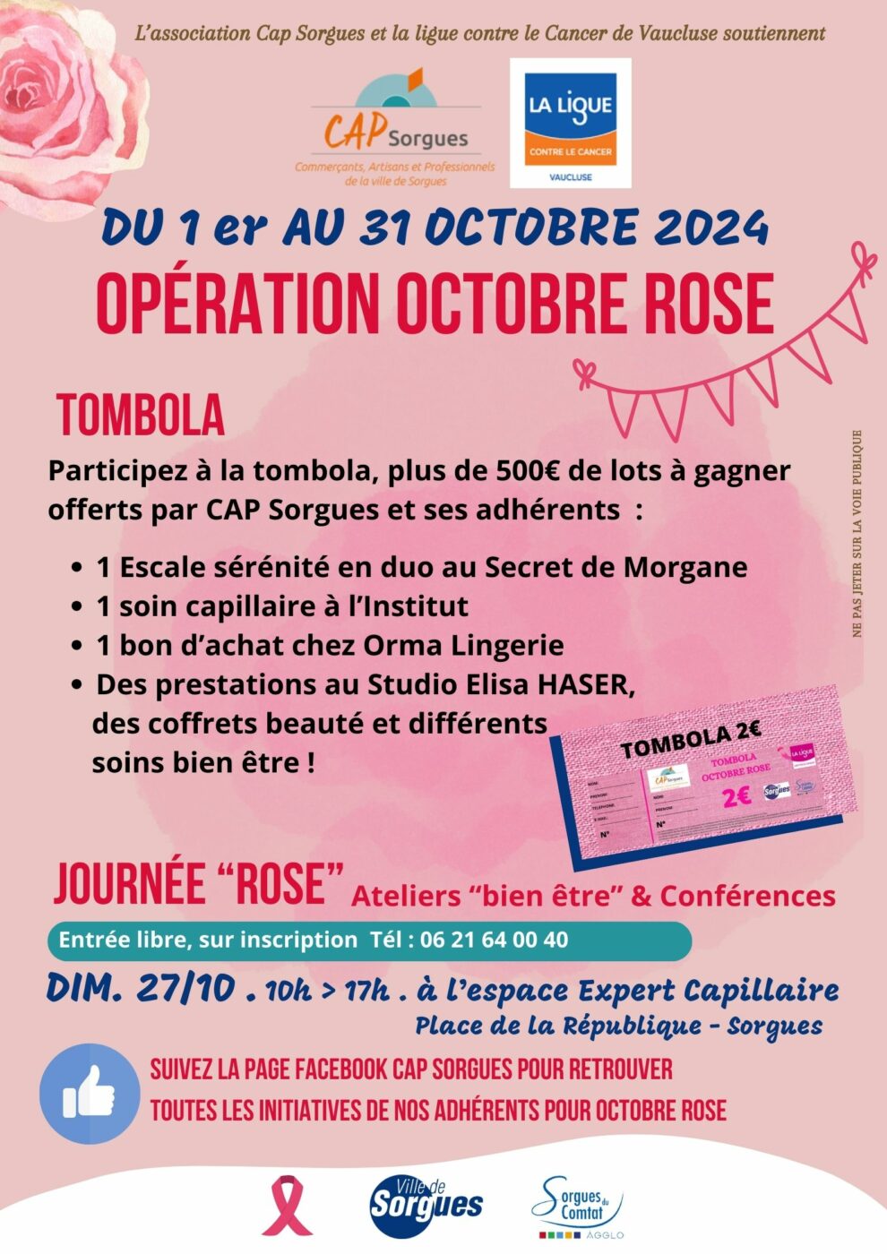 Octobre Rose 2024, Sorgues, Vaucluse, animations, ateliers bien être, conférence, goodies, tombola